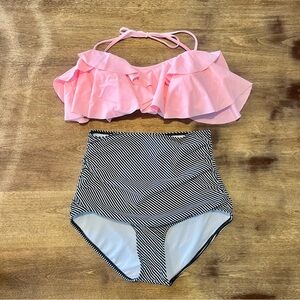 COCOSHIP Pink Ruffle Flounce Bikini Top with Striped Hight Waisted Bottoms Size6